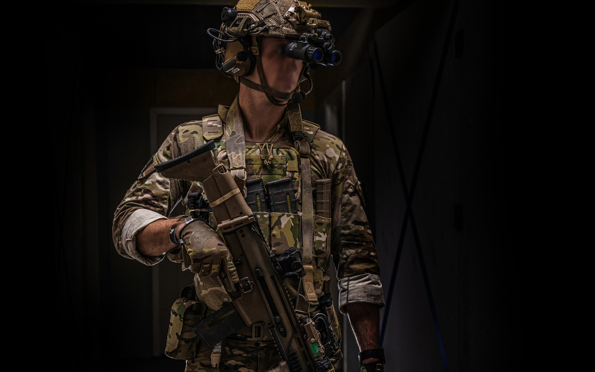 Kryptek Sling on Ranger with nods in dark holding ar