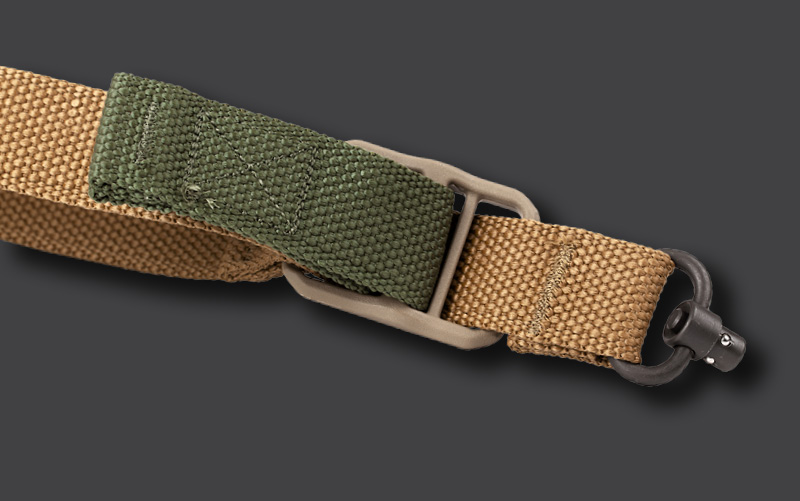 Quick Adjuster - Contrating Pull Tab on a Vickers 221 Sling in Coyote Brown