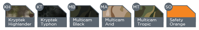 Black, Coyote Brown, Kryptek Highlander, Kryptek Typhon, Multicam Black, Multicam Arid, Multicam Tropic