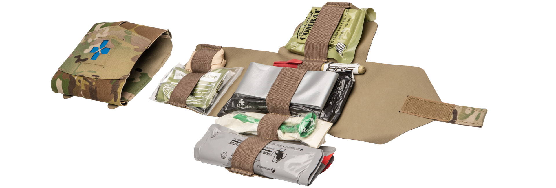 Micro Trauma Kit NOW Plus with Medical Supplies laid out of inner pouch. Multicam Medical Kit
