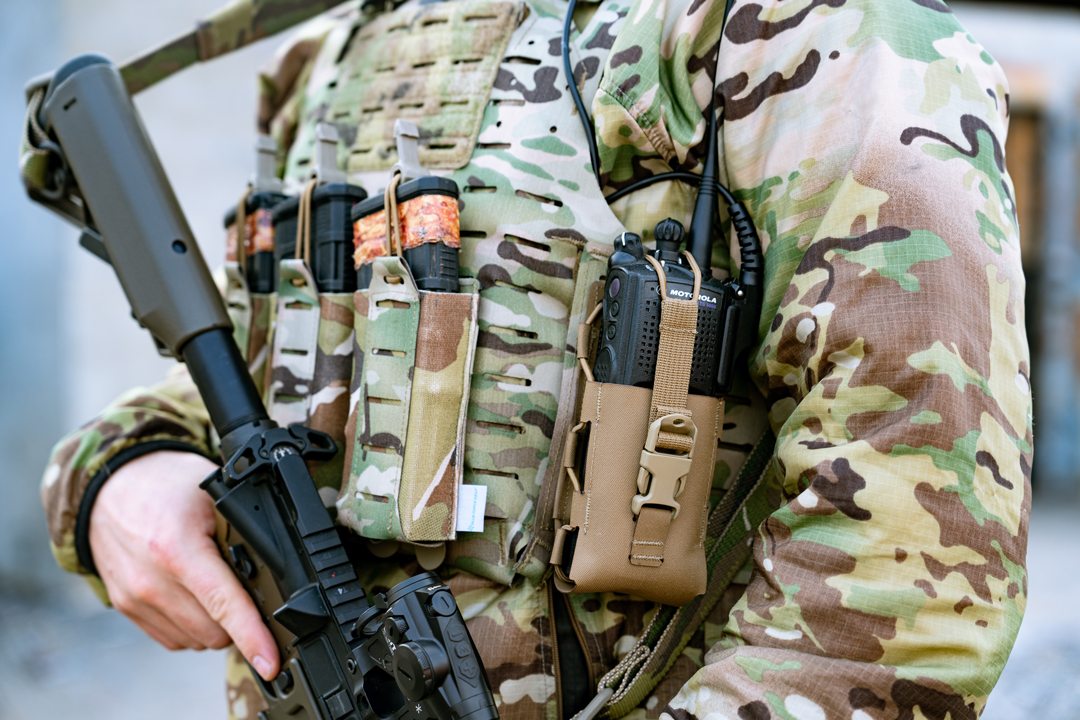 XTS Radio in a MOLLE Pouch on a Plate Carrier Load Carriage system